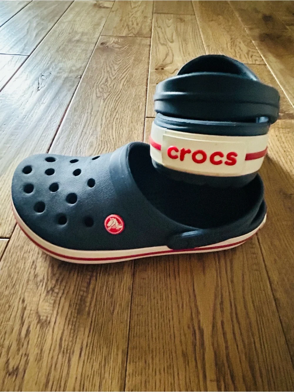 CROCS Kids Navy Clogs with Red and White Trim Size J4